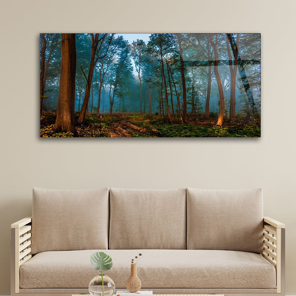 Nature's Harmony: Green Trees in Depth of Field Framed in Glass