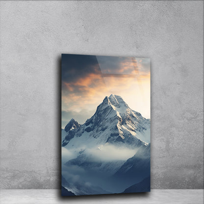 Sunrise Peaks: Snow Capped Mountains at Sunrise on Glass