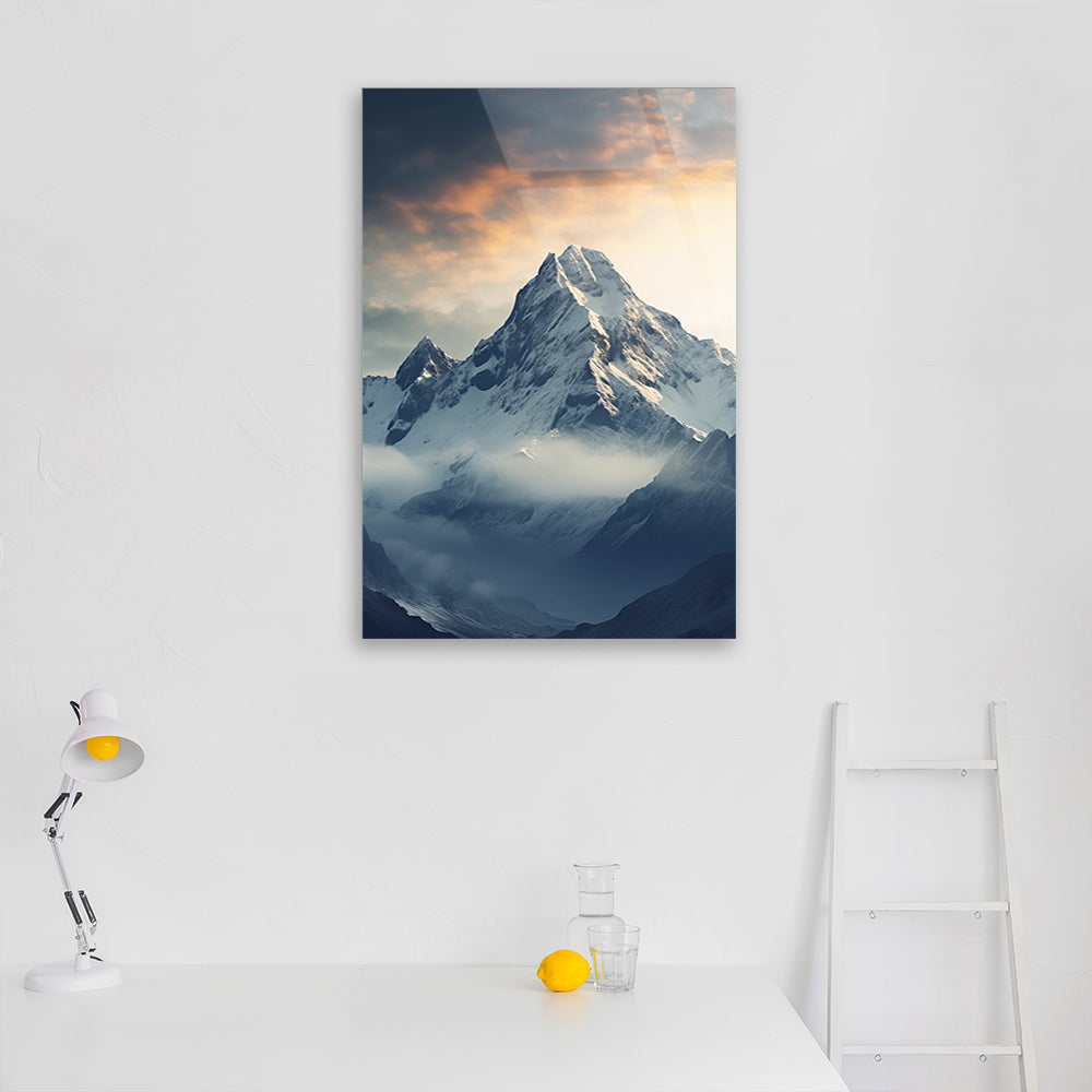 Sunrise Peaks: Snow Capped Mountains at Sunrise on Glass