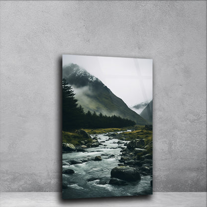 River's Melody: Mountainous Landscape with River on Glass