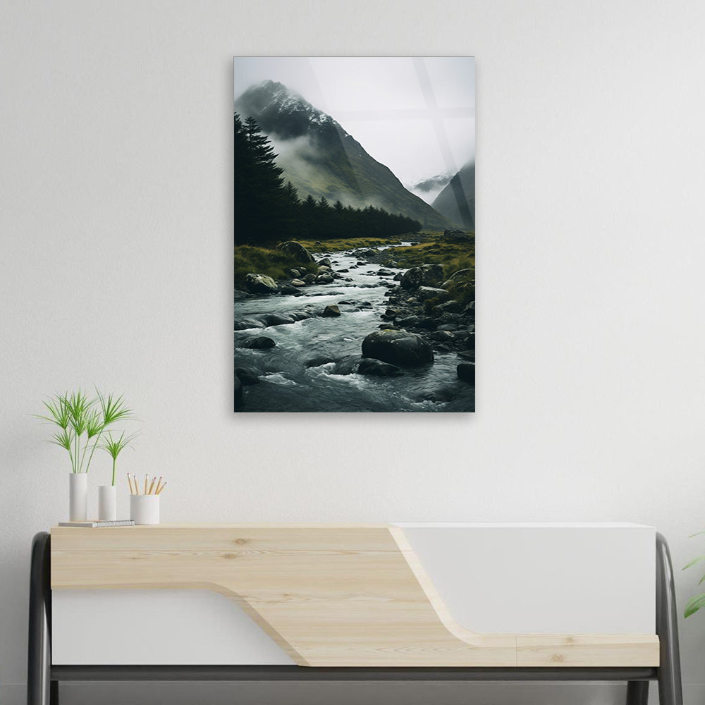 River's Melody: Mountainous Landscape with River on Glass