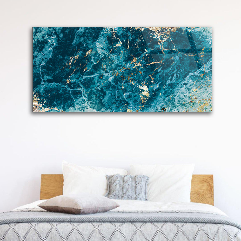 Blue & Gold Matte Elegance: Marble Art on Glass