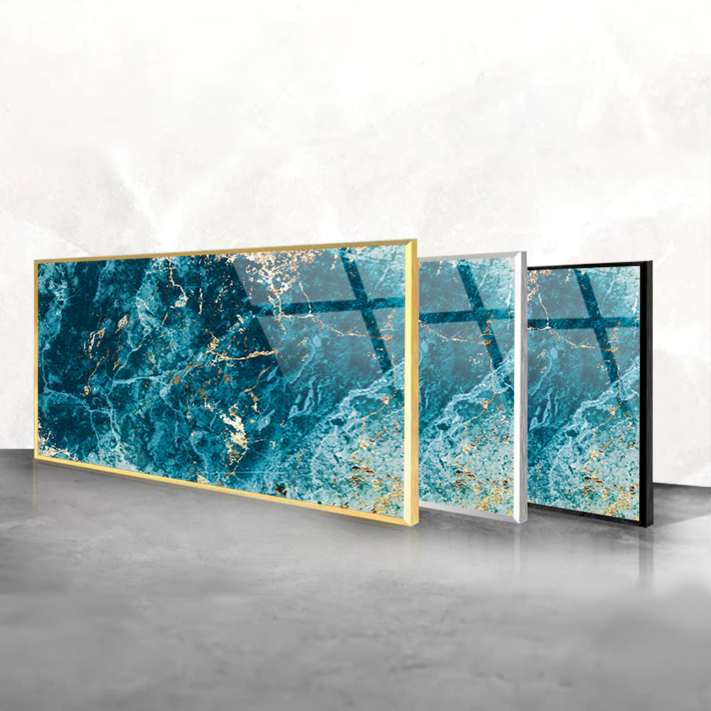 Blue & Gold Matte Elegance: Marble Art on Glass