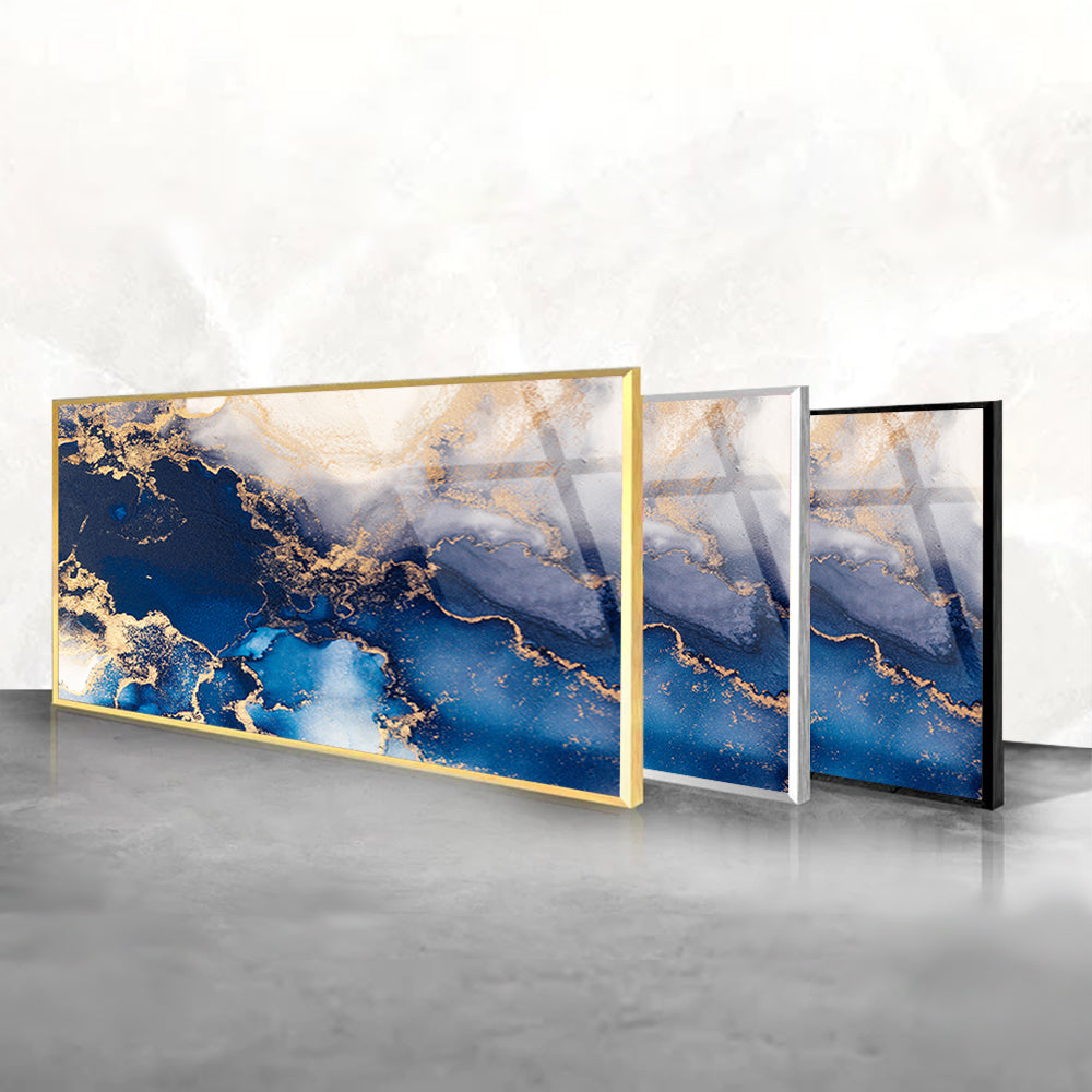 Elegant Display: Blue Gold Marble Art on Glass