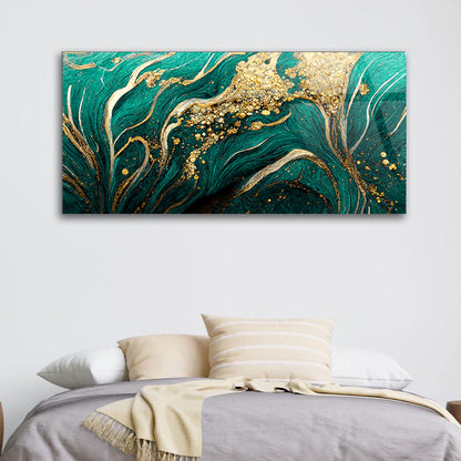 Harmonious Blend: Teal Gold Art on Glass Frame