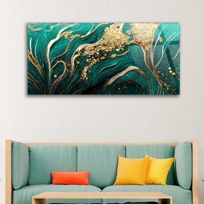 Harmonious Blend: Teal Gold Art on Glass Frame