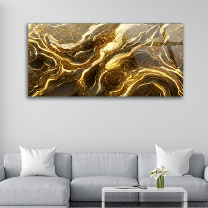 Liquid Elegance Displayed: Molten Gold Marble Art on Glass Frame