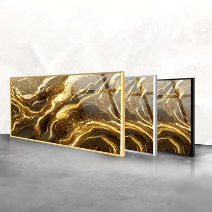 Liquid Elegance Displayed: Molten Gold Marble Art on Glass Frame