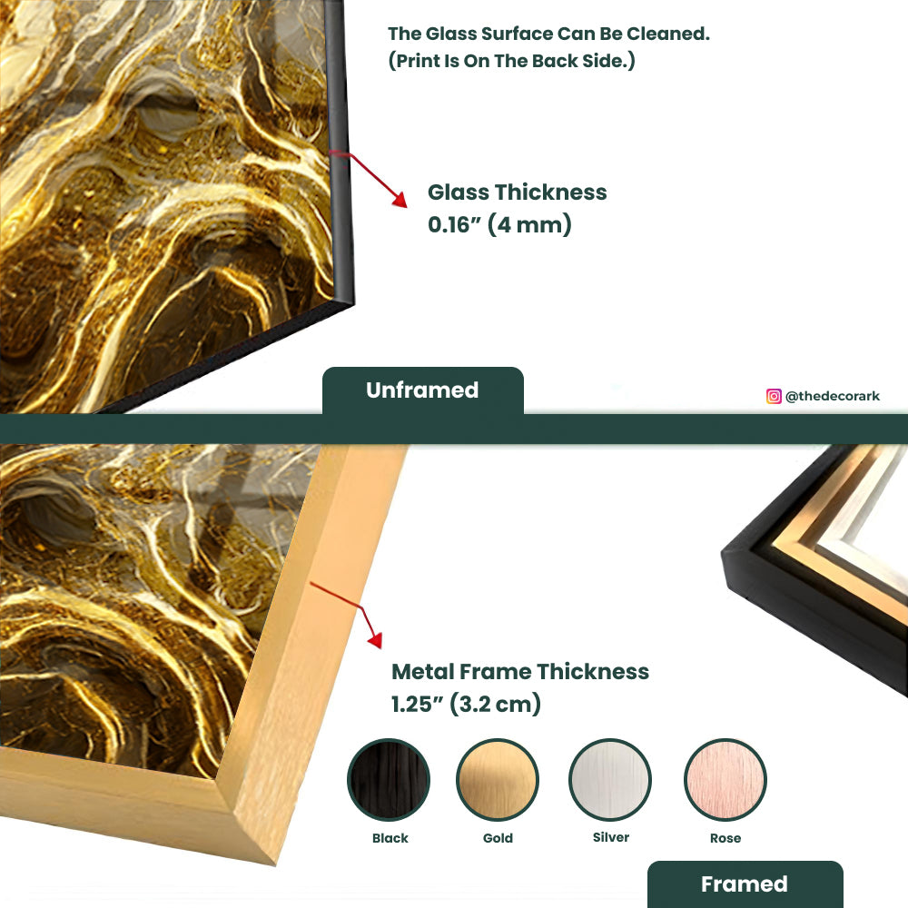 Liquid Elegance Displayed: Molten Gold Marble Art on Glass Frame