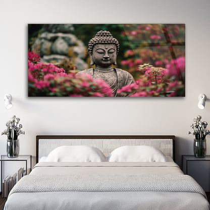 Serenity in Pink: Buddha Statue Amidst Blossoming Flowers on Glass