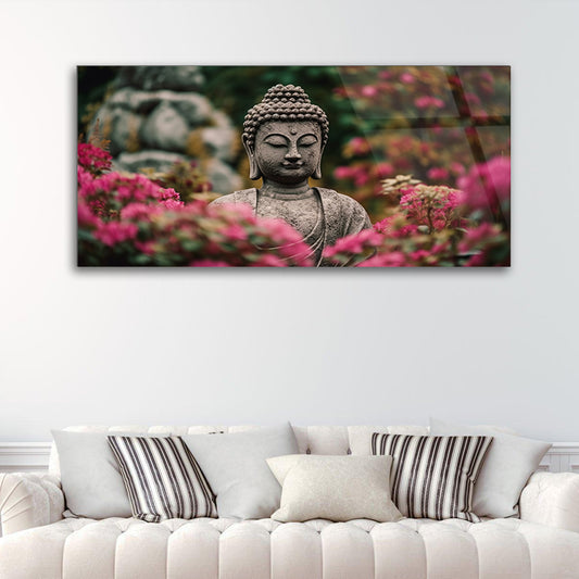 Serenity in Pink: Buddha Statue Amidst Blossoming Flowers on Glass