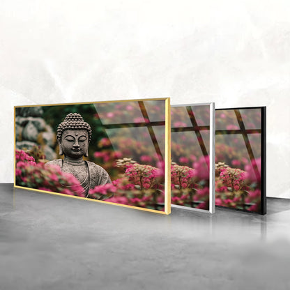 Serenity in Pink: Buddha Statue Amidst Blossoming Flowers on Glass