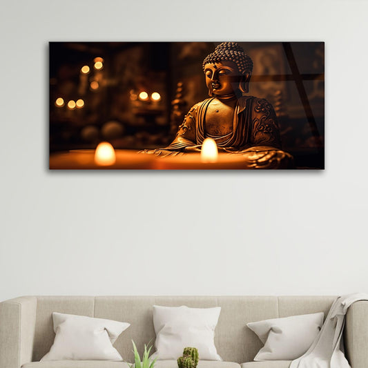 Illuminated Meditation: Buddha in Front of Glowing Candlelight on Tempered Glass