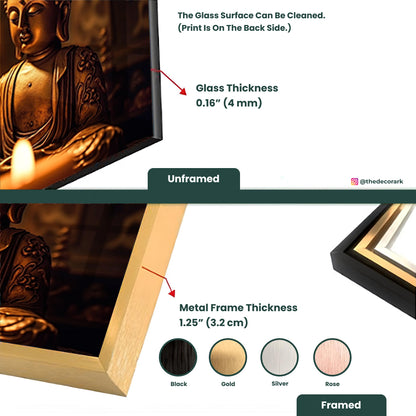 Illuminated Meditation: Buddha in Front of Glowing Candlelight on Tempered Glass