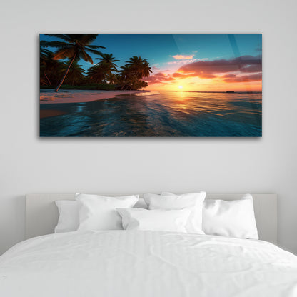 Tropical Twilight: Beach Scene with Palm Trees and Sunset on Glass