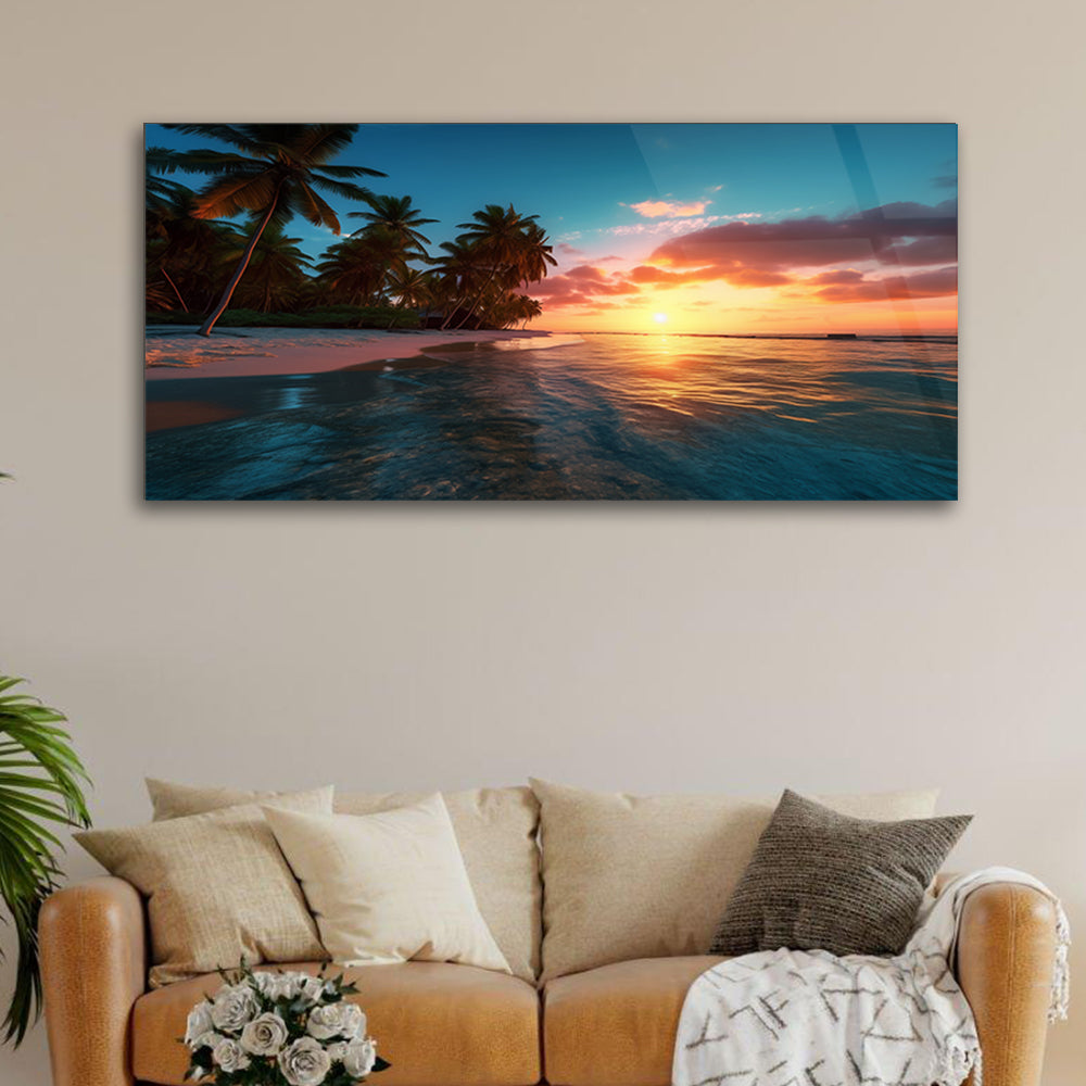 Tropical Twilight: Beach Scene with Palm Trees and Sunset on Glass