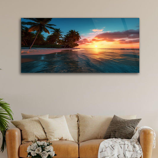 Tropical Twilight: Beach Scene with Palm Trees and Sunset on Glass