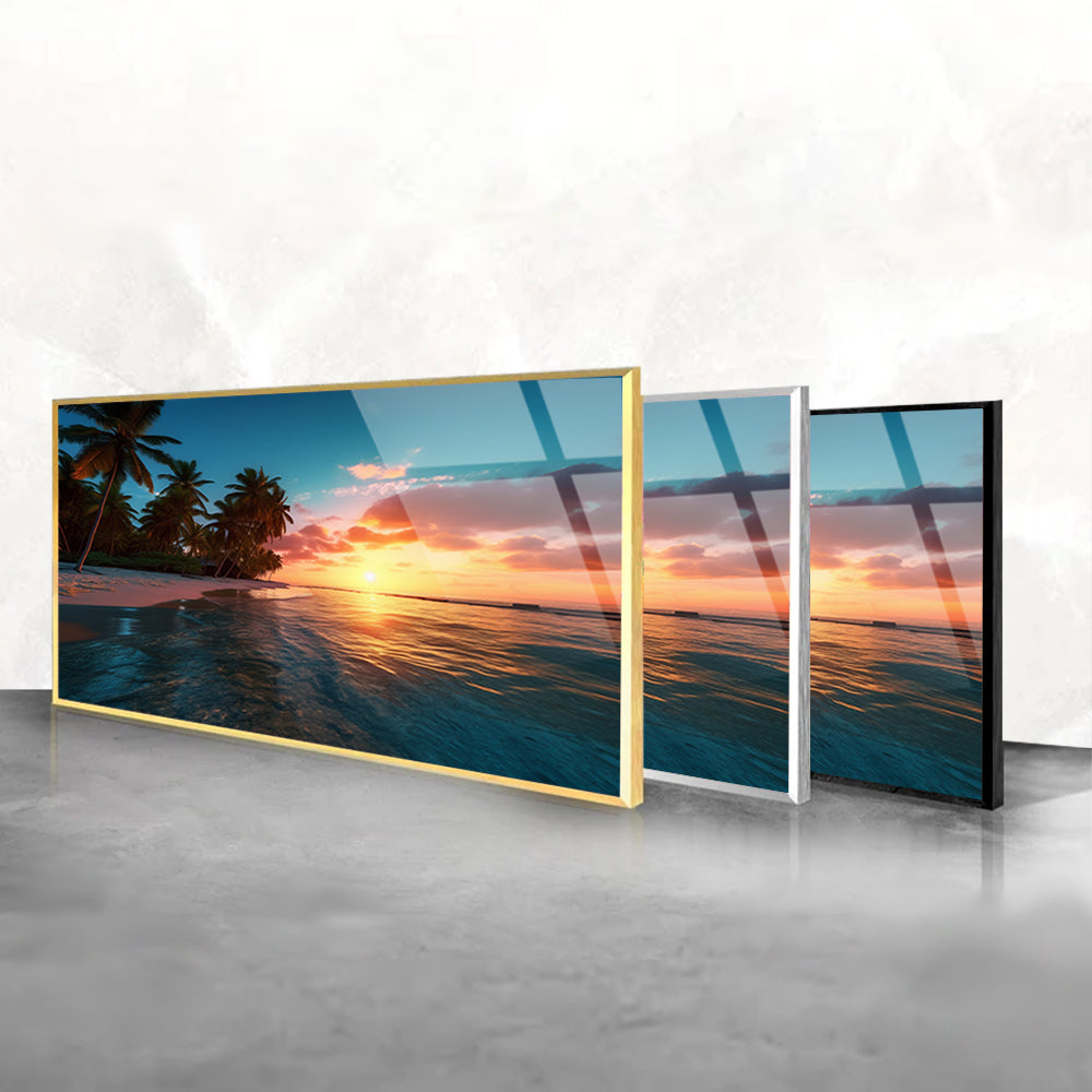 Tropical Twilight: Beach Scene with Palm Trees and Sunset on Glass