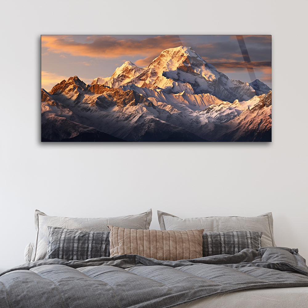 Majestic Peaks: Mountains at Sunset Tempered Glass Wall Decor