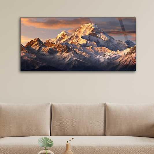 Majestic Peaks: Mountains at Sunset Tempered Glass Wall Decor