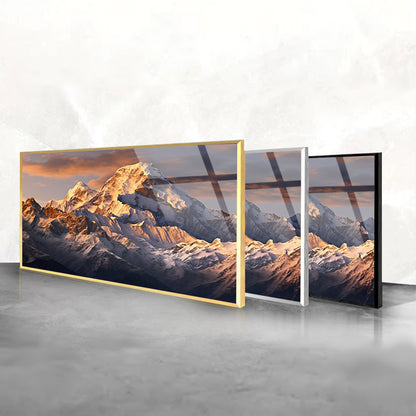 Majestic Peaks: Mountains at Sunset Tempered Glass Wall Decor