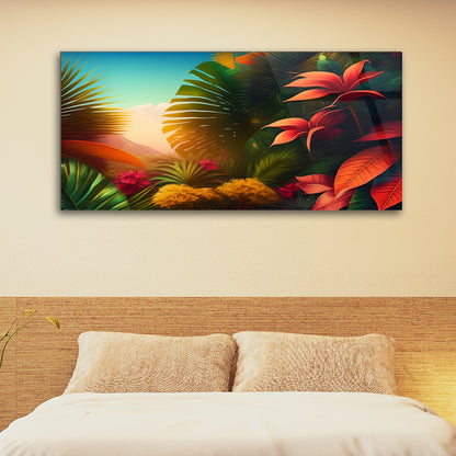 Tropical Radiance: Colorful Plants with Sunlight by AI Generative Art on Glass