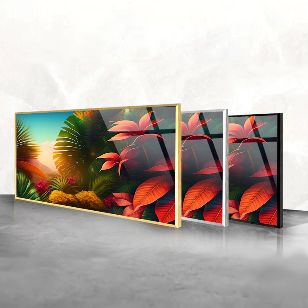 Tropical Radiance: Colorful Plants with Sunlight by AI Generative Art on Glass