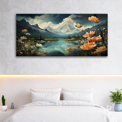 Mountain Serenity: Drawing of River with Mountains on Tempered Glass