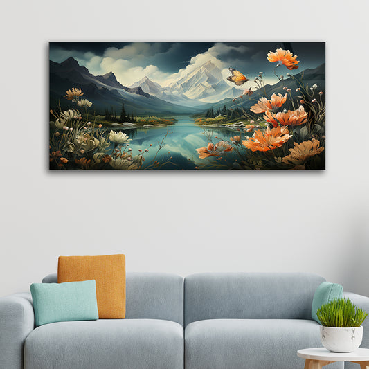 Mountain Serenity: Drawing of River with Mountains on Tempered Glass