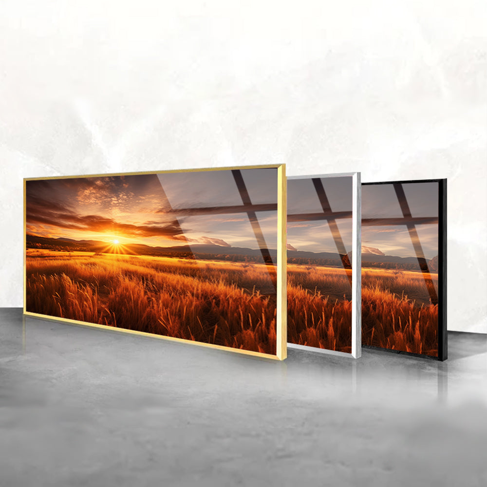 Sunset Fields: Grass Field with Sunset on Tempered Glass