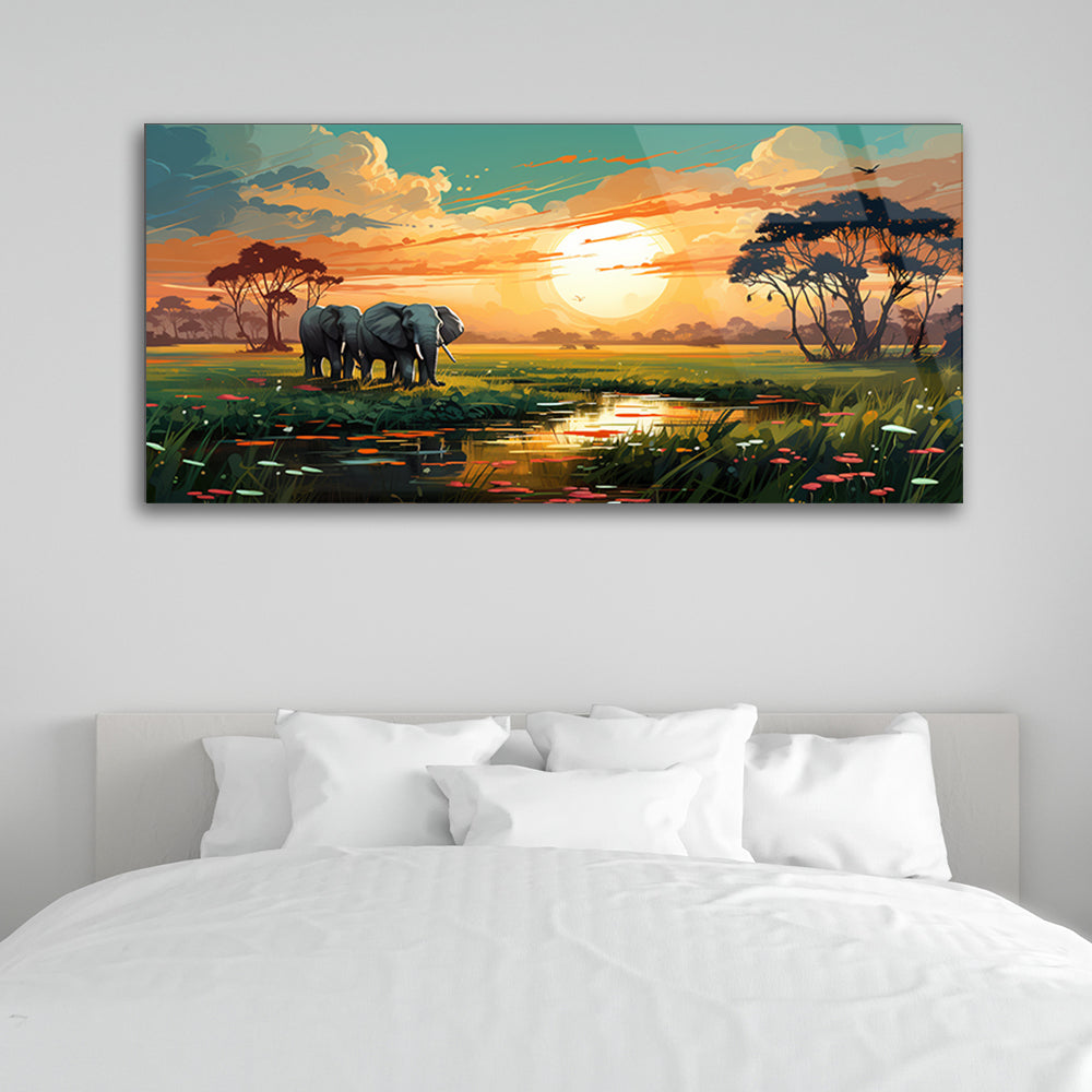 Elephant Odyssey: Oil Painting of Elephants, River, and Sunset on Glass