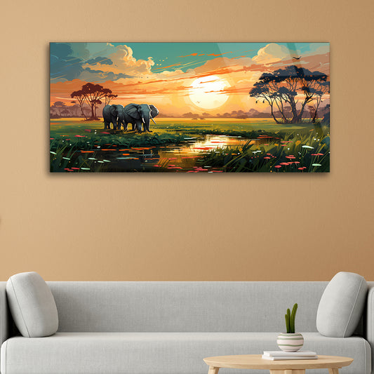 Elephant Odyssey: Oil Painting of Elephants, River, and Sunset on Glass