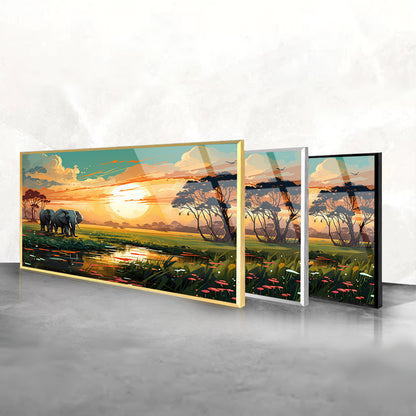 Elephant Odyssey: Oil Painting of Elephants, River, and Sunset on Glass