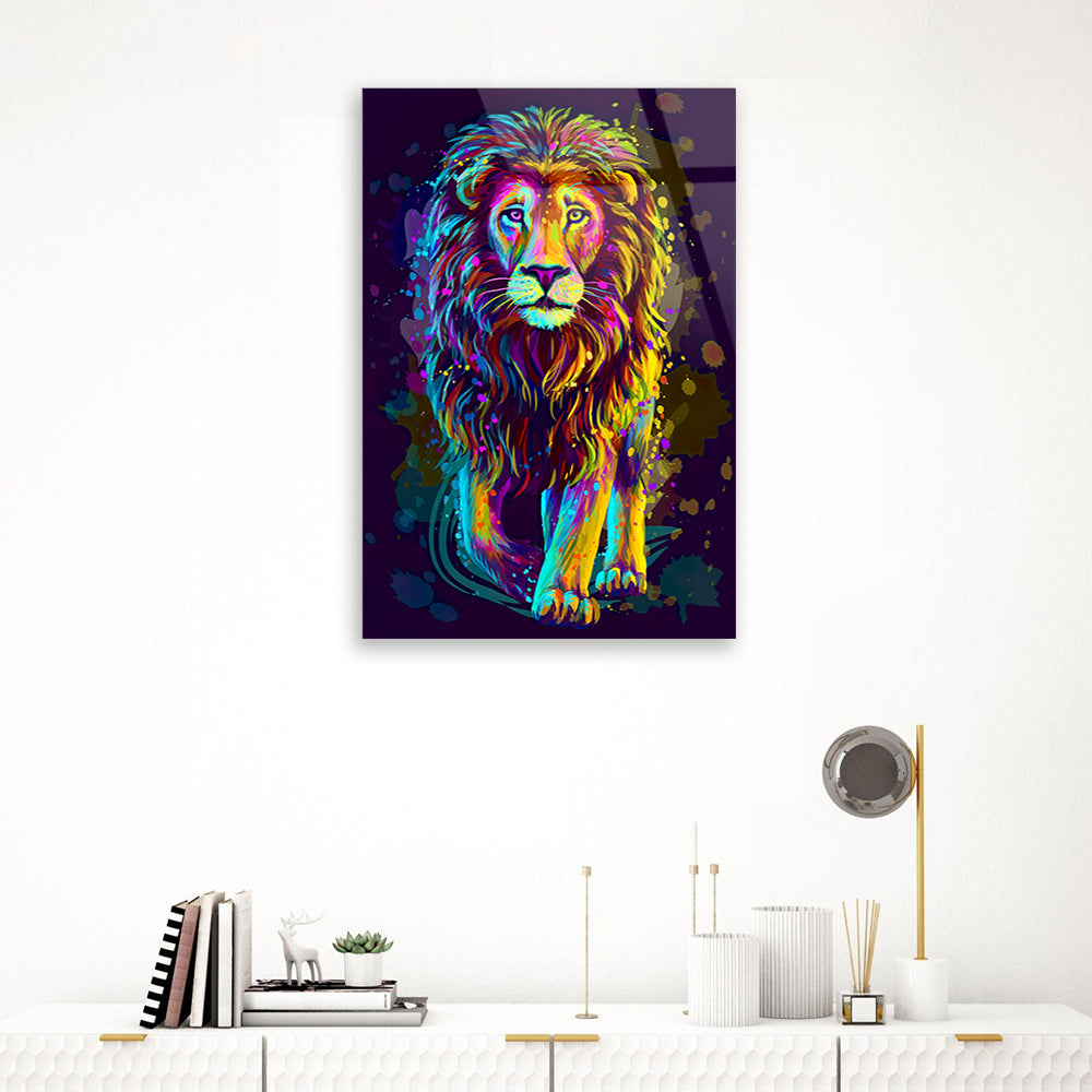 Neon Jungle Rhapsody: Abstract Lion in Multi-Color Glass