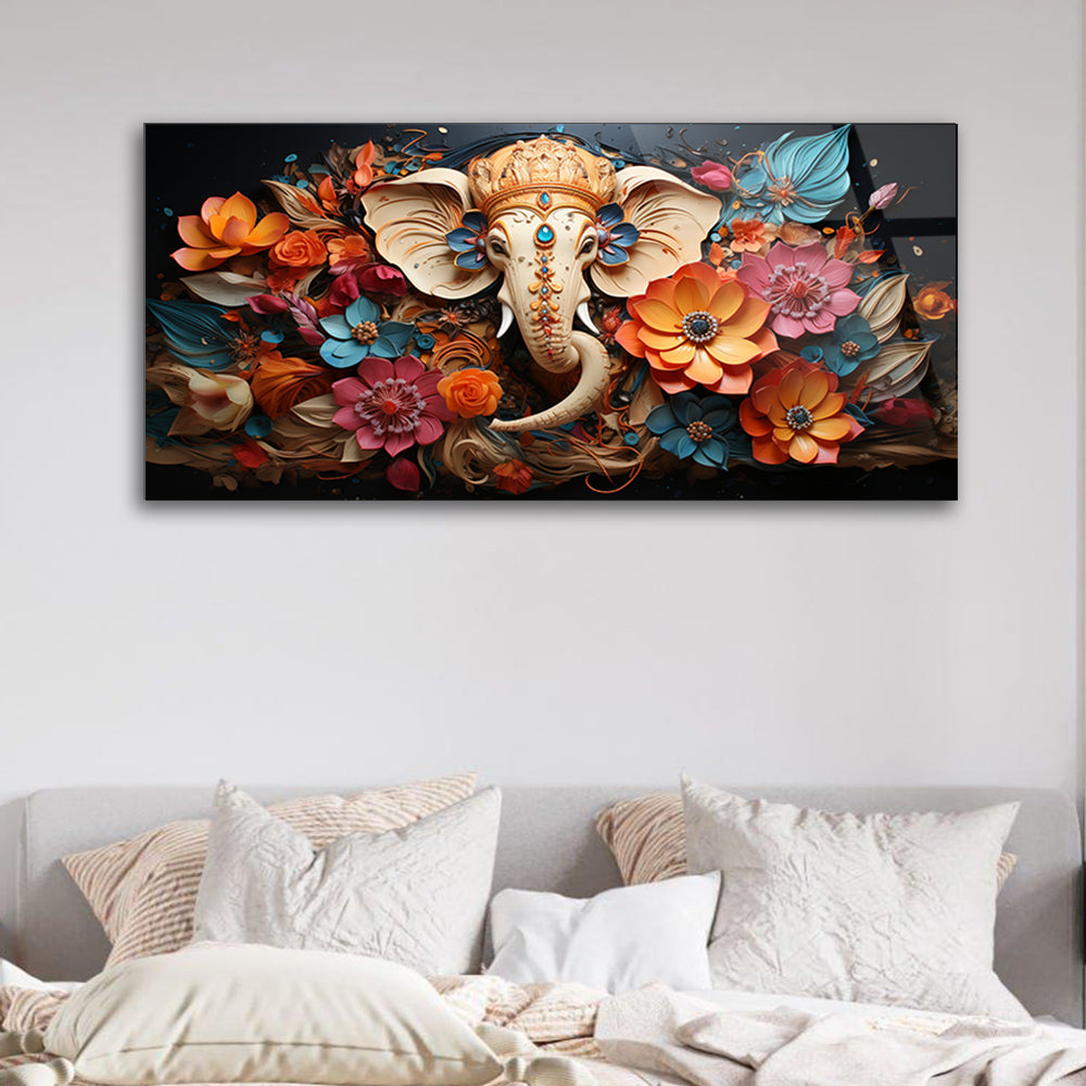 Floral Majesty: Indian Elephant in Floral Pattern by Generative AI on Glass