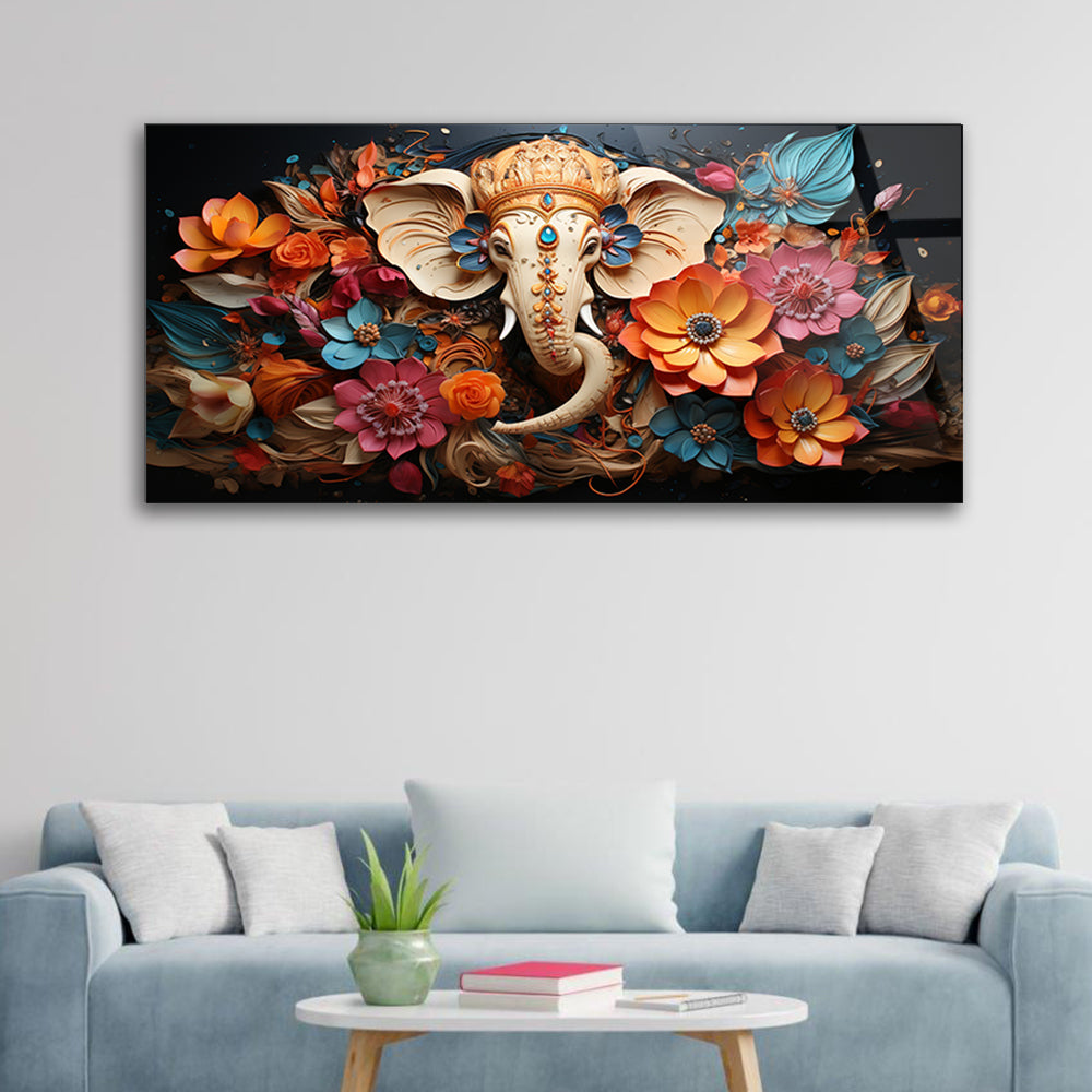 Floral Majesty: Indian Elephant in Floral Pattern by Generative AI on Glass