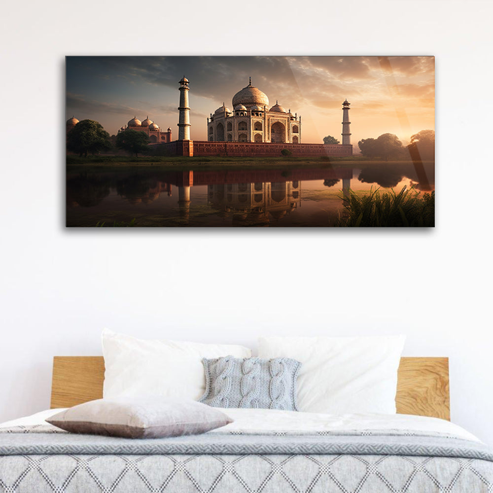 Taj Mahal Twilight: Sunset Reflection on Ancient Taj Mahal on Glass