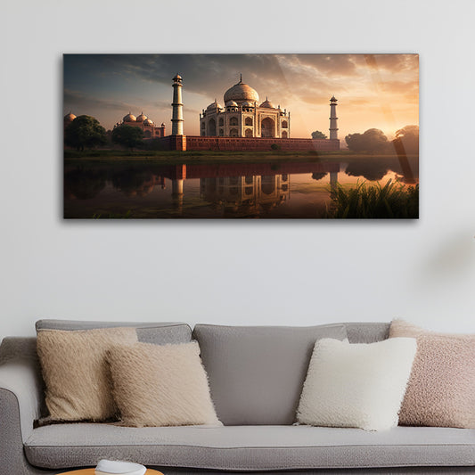 Taj Mahal Twilight: Sunset Reflection on Ancient Taj Mahal on Glass