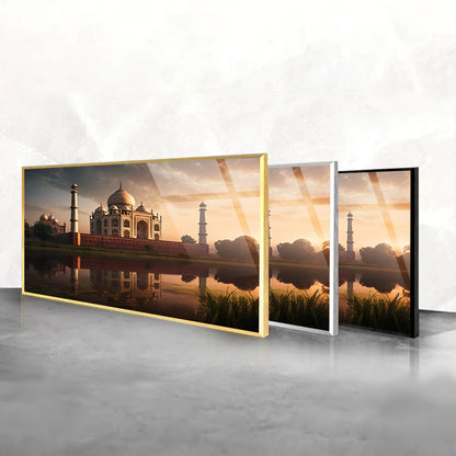 Taj Mahal Twilight: Sunset Reflection on Ancient Taj Mahal on Glass