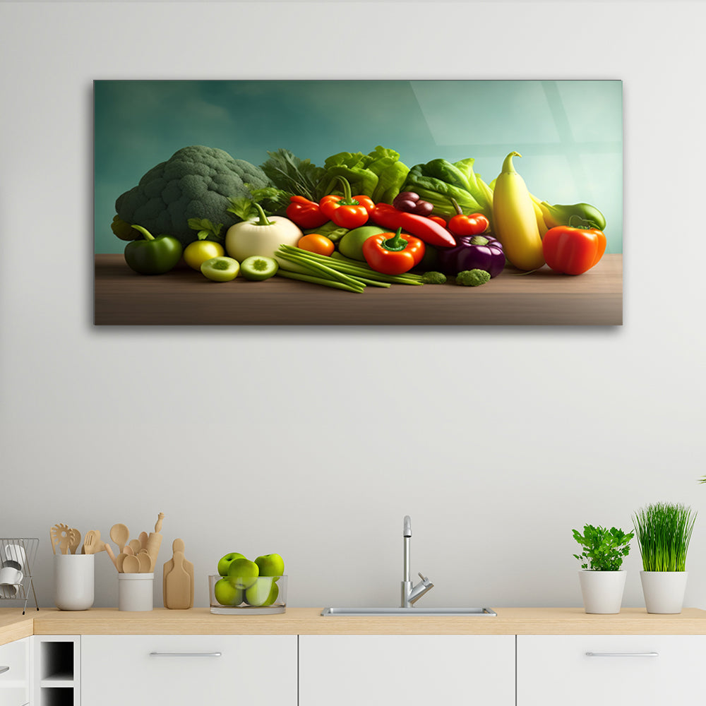 Culinary Tempered Glass: Vibrant Vegetable Kitchen Art Frame