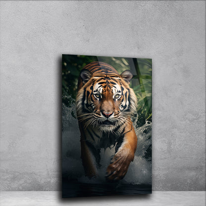 Forest Sprint: Tiger Running Amidst Water on Tempered Glass