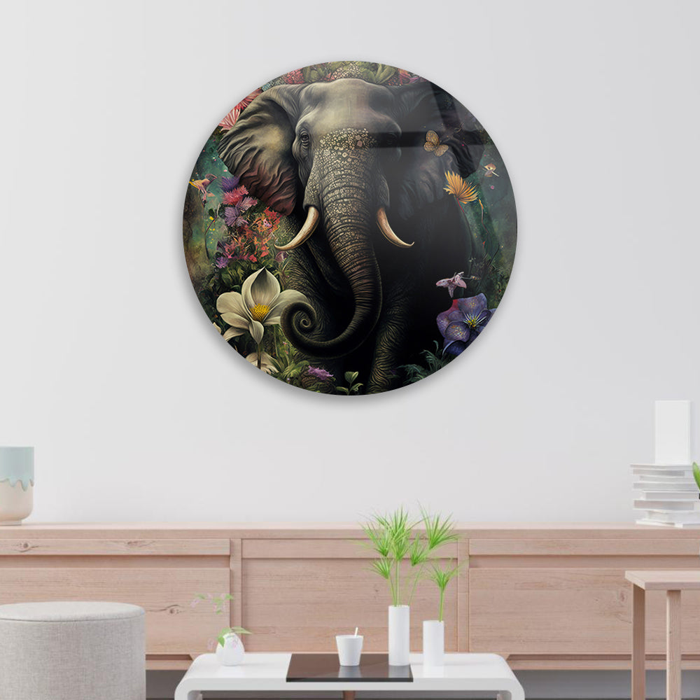 Elephant Blooms Adorned Tempered Glass Piece