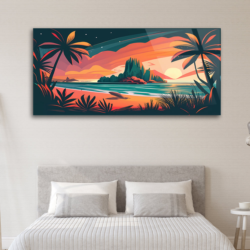 Tropical Twilight: Sunset Palms Tempered Glass Wall Art