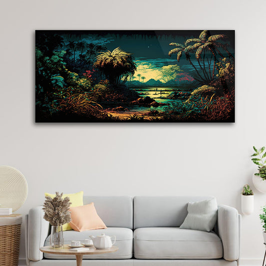 Vintage Jungle Dreams: Dark Tropical Sunset Glass Art