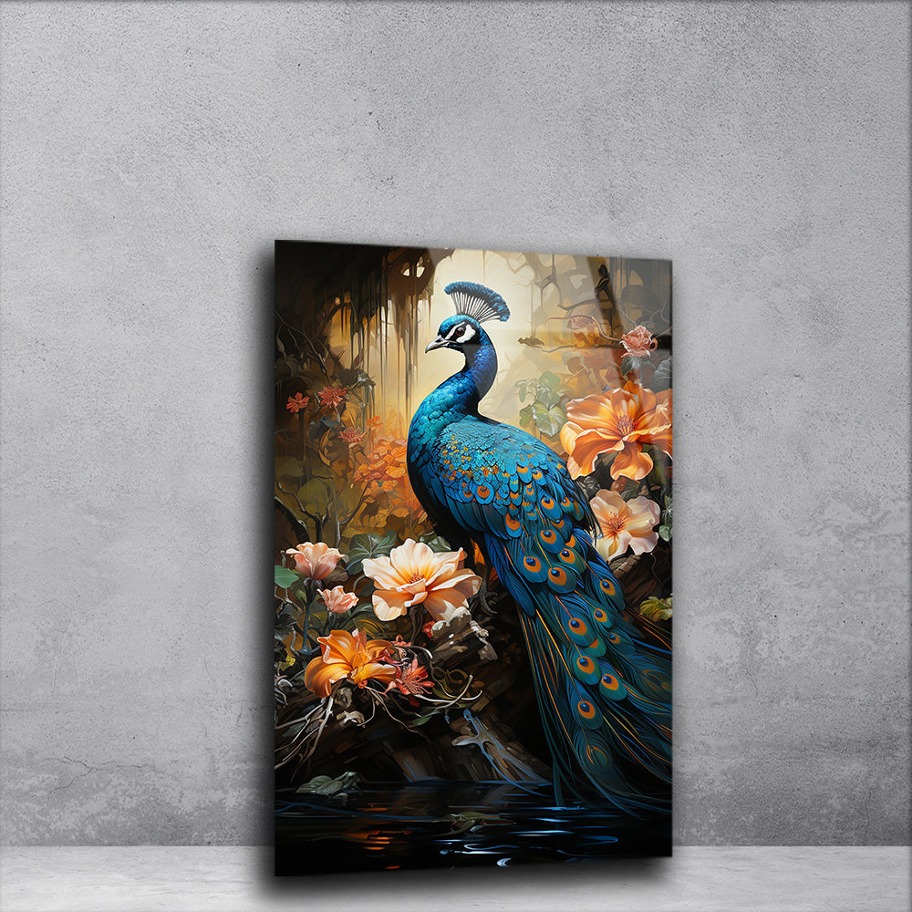 Floral Harmony: Peacock on a Branch with Flowers on Glass