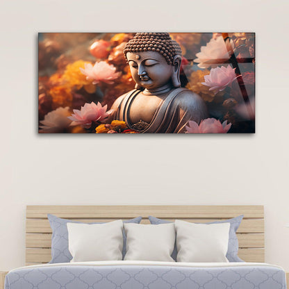 Buddha Blooms Tempered Glass Art with Flowers