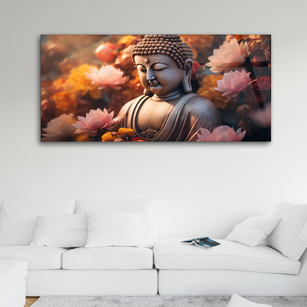 Buddha Blooms Tempered Glass Art with Flowers