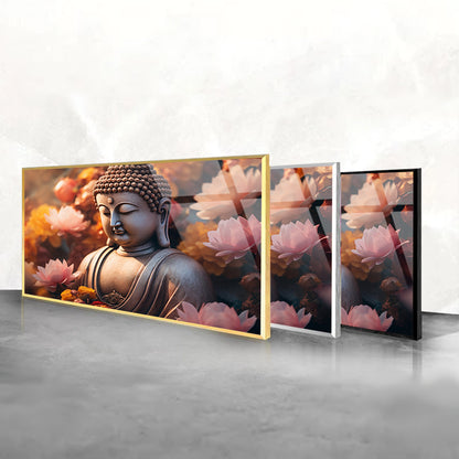 Buddha Blooms Tempered Glass Art with Flowers