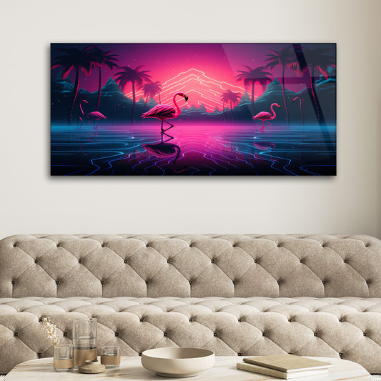 Neon Flamingos Tempered Glass Art with Lights