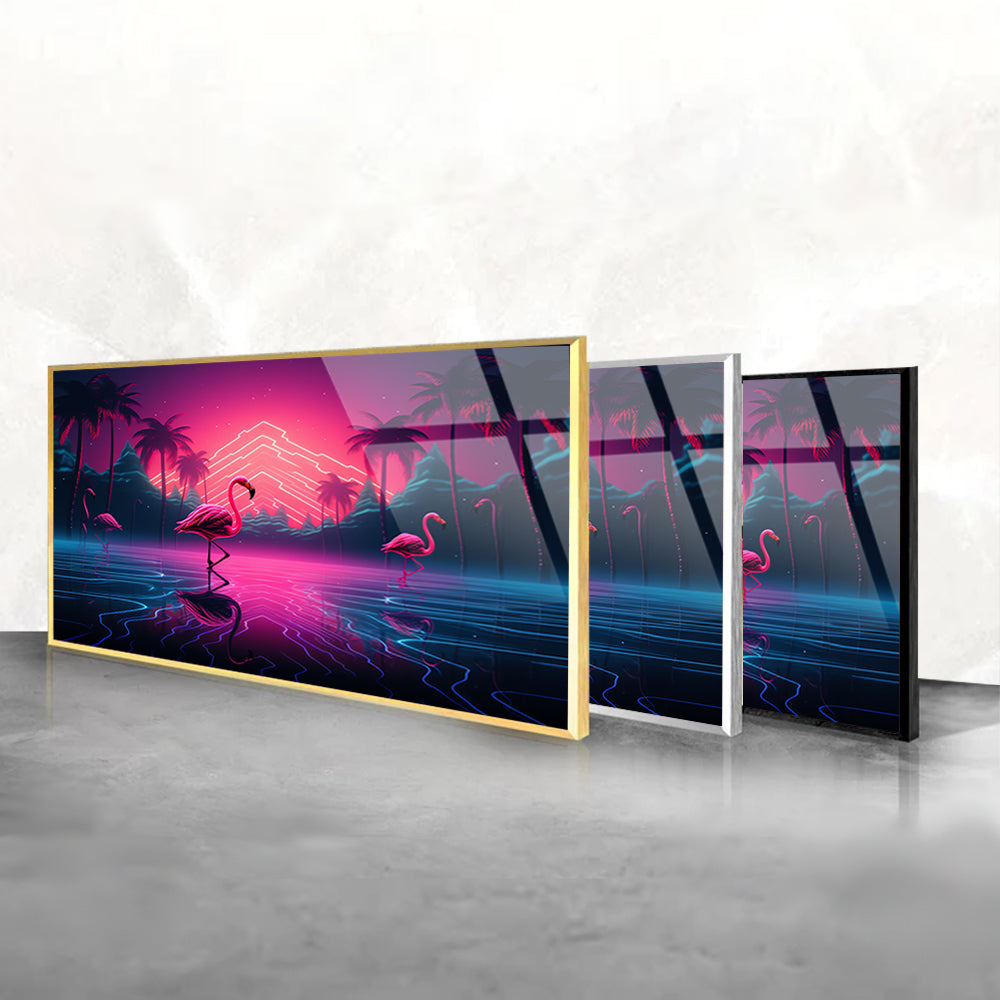 Neon Flamingos Tempered Glass Art with Lights